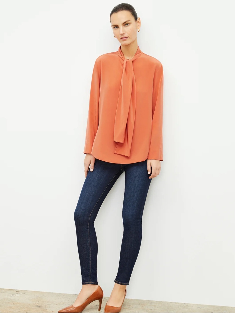 NWT MM Lafleur Darcy Orange Silk Tie-Neck Longsleeve Top size XXL
